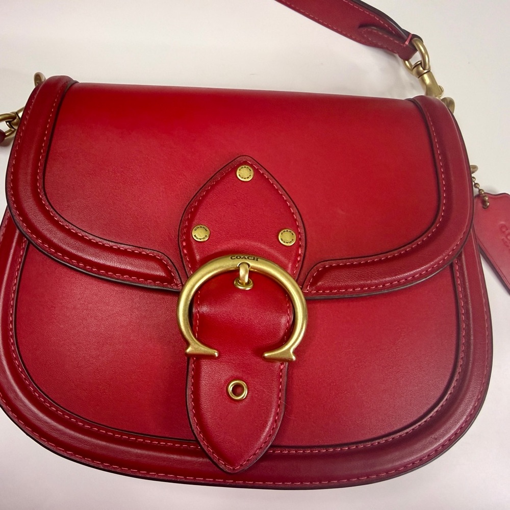 Coach Red Leather Saddle Crossbody with Gold Ring Detail